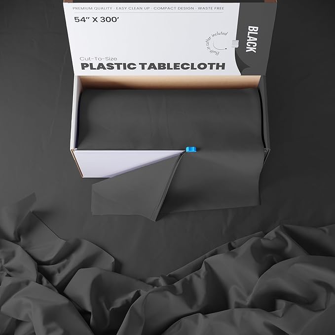 54 Inch X 300 Feet Value Pack Black Plastic Table Cover Roll in A Cut - to - Size Box with Convenient Slide Cutter. Cuts Up to 36 Rectangle 8 Feet Plastic Disposable Tablecloths