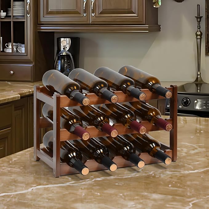 Wine Rack, 12 Bottles 3-Tier Free Standing Wine Racks, Wine Rack Countertop Holder Storage Shelf for Kitchen Cabinet Dining Room Bar (Brown)