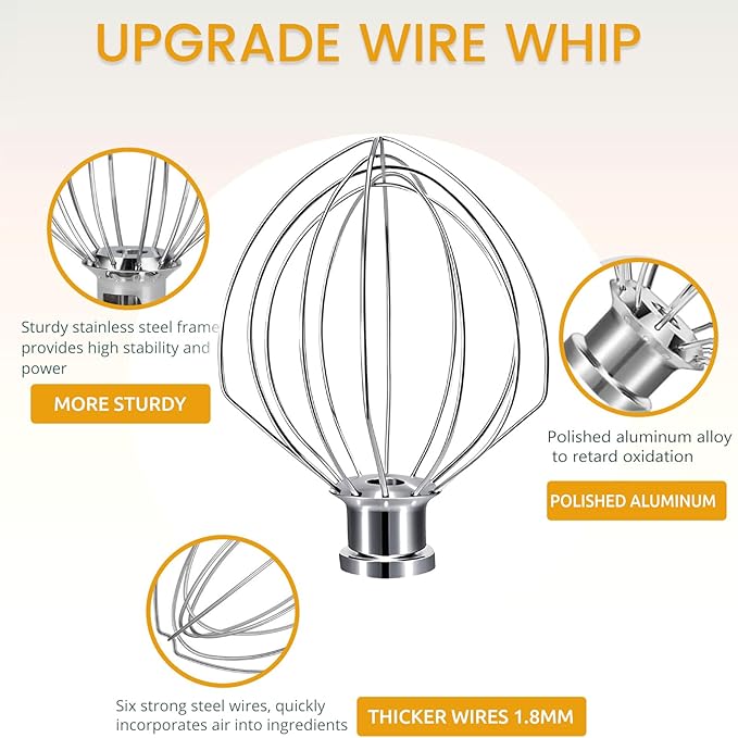 NewlyArt Whisk Attachment Fits KitchenAid, 6 Wire Whip for 4.5 5 Quart KitchenAid Tilt-Head Stand Mixer竊똊45WW Kitchen Aid Accessories and Attachments, Stainless Steel Wires + Aluminum Hub