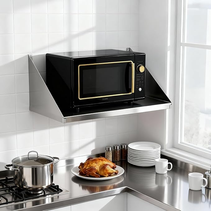 Stainless Steel Microwave Shelf with Side Guards - Heavy-Duty Wall Mount Rack, Sturdy Space-Saving Storage for Kitchen Appliances, Great for Home, Restaurant & Hotel (18''x24''x12)