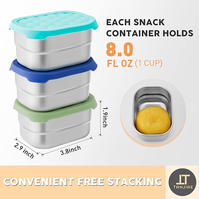 Tanjiae Small (1 CUP) Stainless Steel Snack Containers for Kids | Easy Open Leak Proof Food Containers with Silicone Lids - Perfect Metal Toddler Lunch Box for Daycare and School (8oz)