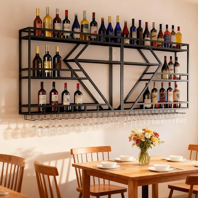 95in Large Wall Mounted Wine Rack, 4 Tier Modern Diamond Shaped Floating Bar Wine Storage Display Shelf, Metal Industrial Liquor Bottles Shelves Wine Glass Holder (Black, 3 Tier,95in)