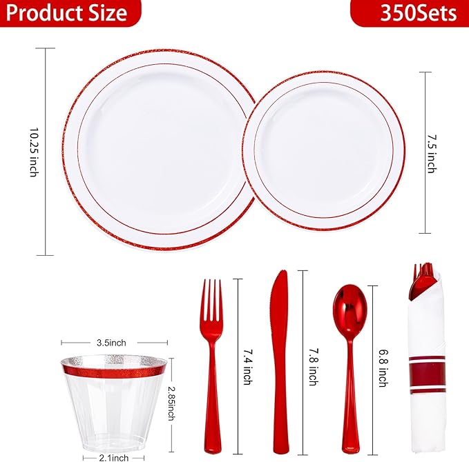 WELLIFE 350 Pcs Red Plastic Plates for 50 Guests - Plastic Dinnerware Set,Party Supplies Includes 100 Red Plates,150 Silverware,50 Napkins,50 Cups