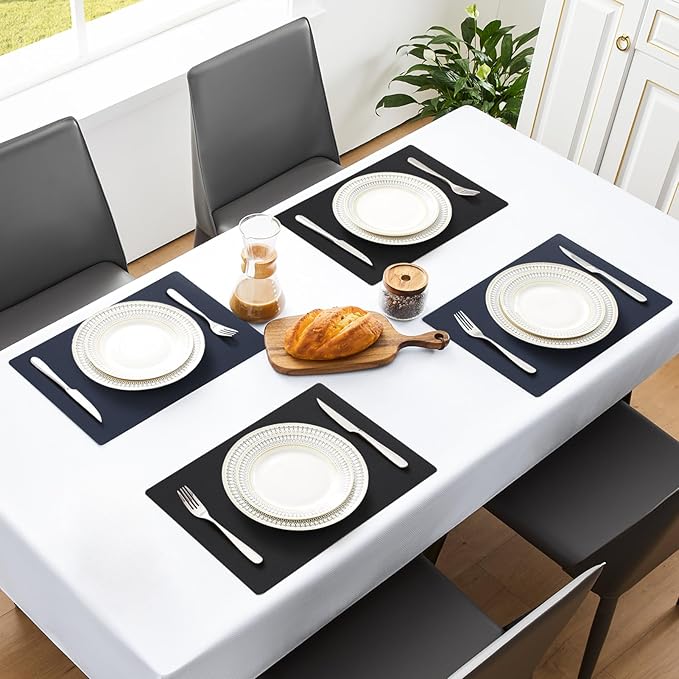 MOSAYT Vinyl Placemats Set of 8, Heat Resistant Place Mats 100% Waterproof Washable & Wipeable Faux Leather Reversible Table Mats for Kitchen Dining Party Indoor Outdoor, 12" x 17", Black/Navy