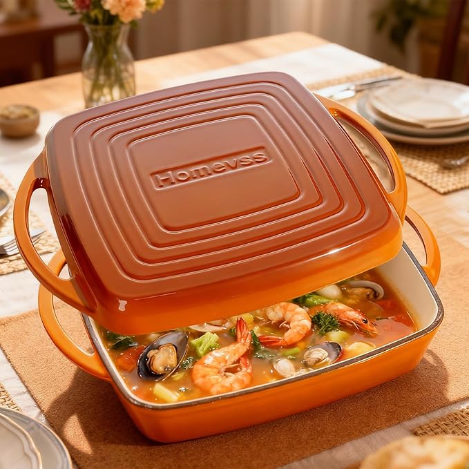 2-in-1 Square Enameled Cast Iron Dutch Oven 7QT Baking Pan and Gridle Lid with Dual Handles, Cast Iron Skillet lid, Coating Gridle for Baking, Braising and Grilling - Orange