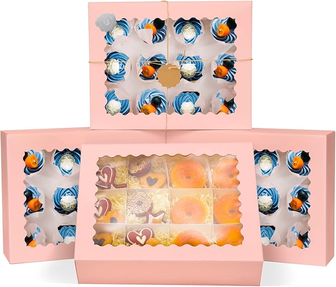 qiqee Pink 12 Cupcake Boxes with Window 21-Packs Cupcake Box 13"x10"x3.5" Cupcakes Carrier, 12 Cupcake Containers