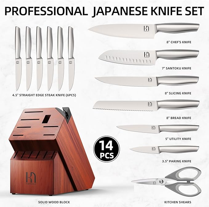 Knife Set Premium, Japanese High Carbon Stainless Steel 14 Pcs Kitchen Knives Block Set with Built-in Sharpener and Wood Block, Razor Sharp Knife Sets for Kitchen with Ergonomic Handle