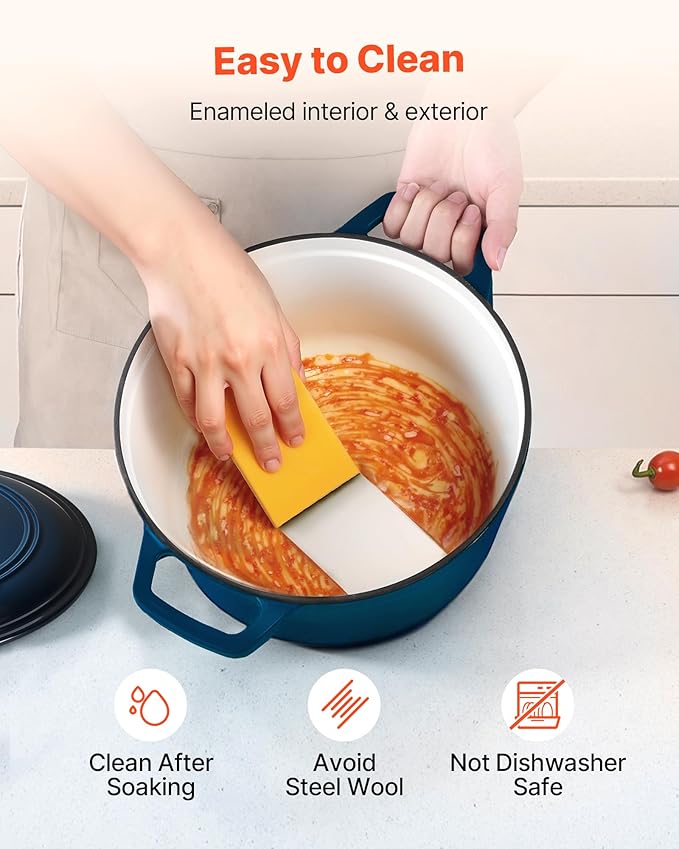 VEVOR Enameled Cast Iron Dutch Oven, 6 Quart Pot with Lid and Dual Handles, Heavy-Duty Durable Cookware Pan, Oven Induction Compatible up to 500?? for Braising, Stews, Roasting, Bread Baking, Blue