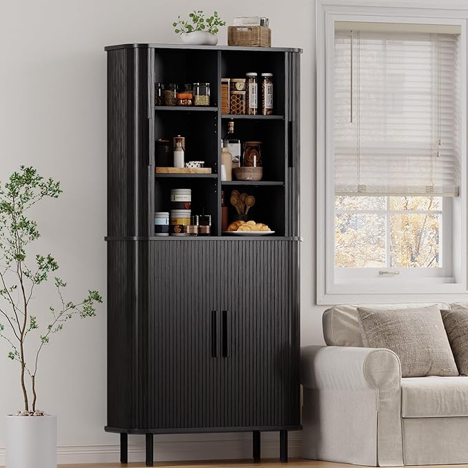 ONBRILL 71" Fluted Pantry Cabinet, Tall Kitchen Pantry Storage Cabinet with 2 Pegboards, 4 Hooks & Adjustable Shelves, Wood Cupboard for Kitchen, Dining Room, Living Room and Hallway, Black