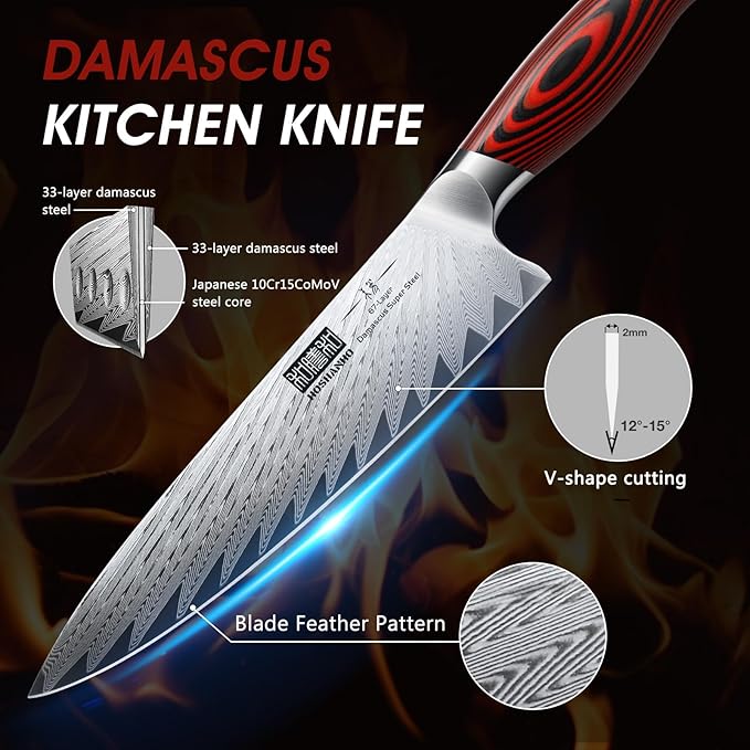 HOSHANHO Kitchen Knife Set with Block, 7 Pieces Chef Knife Set 67 Layers Damascus Steel Professional Knife Set for Cooking, Ergonomic G10 Handles with Sharpener