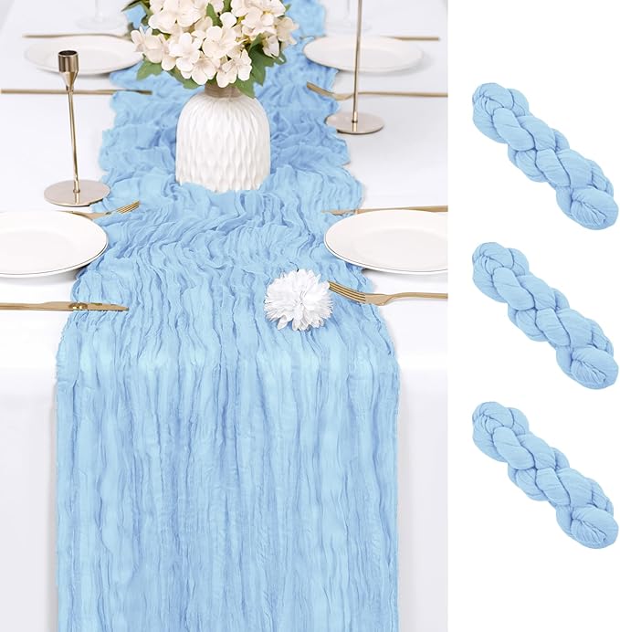 RealBox 3 Pack Baby Blue Cheesecloth Table Runner 17x108 Inch Semi Sheer Boho Gauze Cheese Cloth Fabric Table Runners Table Decor for Wedding Party Baby Shower Birthday Home Decor Garden Farmhouse