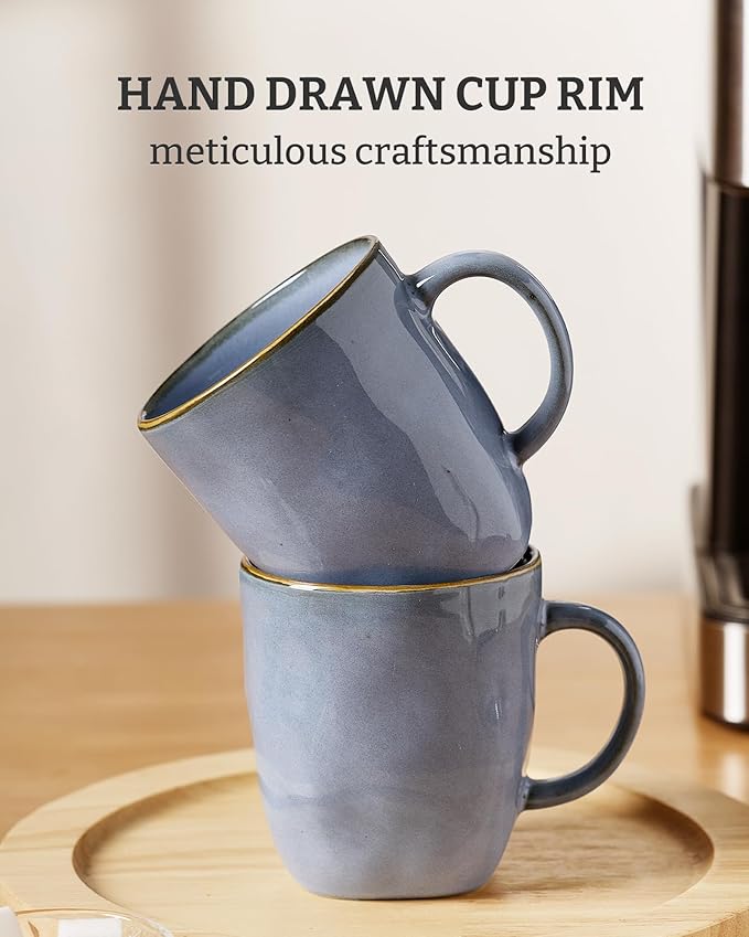 famiware Coffee Mugs Set of 4, Ocean Square 13oz Coffee Cup Set with Handle for Cocoa, Milk, Hot Chocolate, Tea, Water, Stoneware Cups for Kitchen, Microwave and Dishwasher Safe, Blue