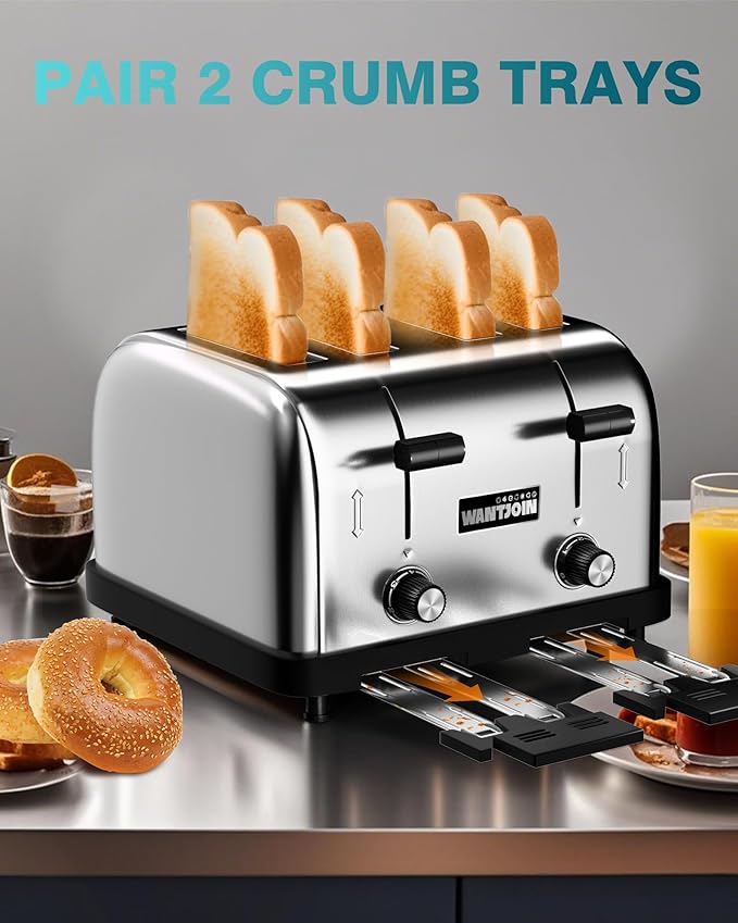 WantJoin Commercial 4-Slice Toaster, 1800W 225 Slices/Hour with 1.57 Inch Wide Slots, 6-Level Setting & Removable Crumb Tray, Stainless Steel for Restaurant Breakfast (Bread, Bagels)