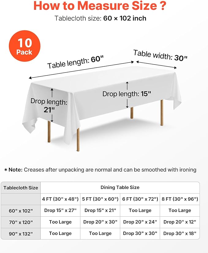 VEVOR White Tablecloths for Rectangle Tables, 10 Pack, 60 x 102 Inches, Reusable and Machine Washable Table Clothes, Wrinkle-Resistant Polyester Fabric Table Covers for Wedding, Party, Banquet