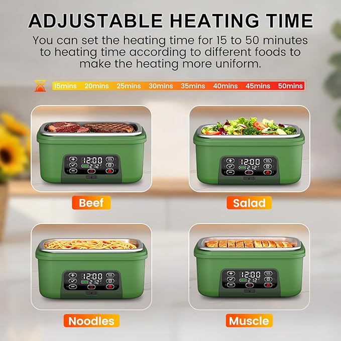 Cordless Electric Heated Lunch Box, 1.5L 6.3Cups 20000mAh Rechargeable Food Warmer Lunch Box with Self Heating, Smart Timer, Adjustable Temperature, Leakproof, BPA Free, Removable Tray Divider