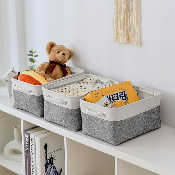 TheWarmHome Storage Bins for Shelves - 13.8L횞9.8W횞6.7H inch 3 Pack Medium Collapsible Storage Baskets for Organizing | Fabric Storage Cubes for Linen Closet Toy Home (White&Grey)