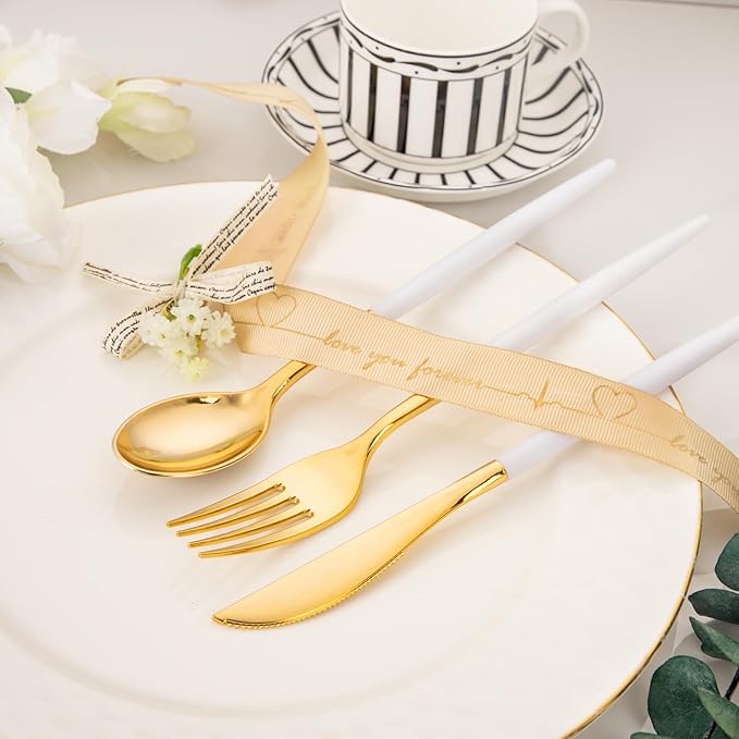 I00000 144Pcs Gold Plastic Silverware, Gold Plastic Utensils Set,Disposable Utensils Heavy Duty,Disposable Silverware Set Includes 48 Forks,48 Knives,48 Spoons for Wedding & Party