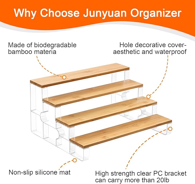 junyuan Bamboo Spice Rack Organizer for Cabinet,4 Tier Spice Organization for Kitchen,Bathroom Organizers and Storage,Seasoning Countertop Shelf,Display Shelves Racks,Clear 11.2"