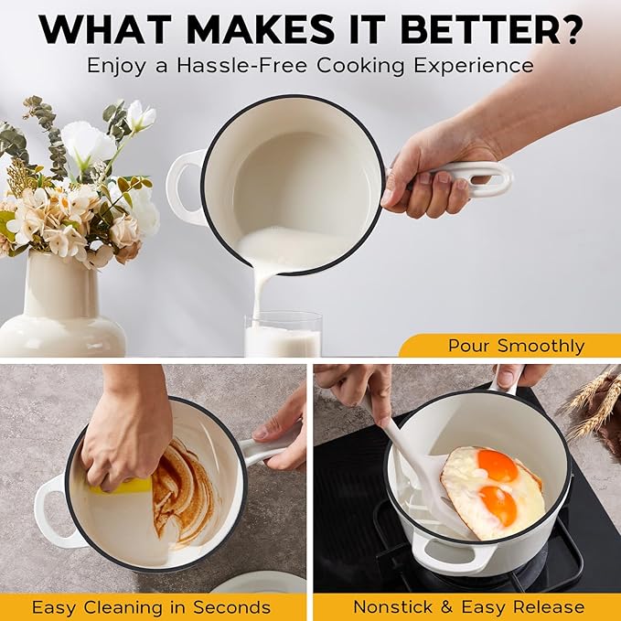 Onader 1QT Sauce Pan, Enameled Cast Iron Saucepan Dutch Oven Pot with Lid, Small Cooking Sauce Pot, Nonstick & Oven Safe ??White