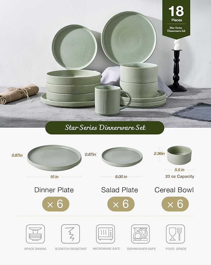 Famiware Star Dinnerware Set, Plates and Bowls Sets for 6 (18pcs), Ribbed Stoneware Dishes - Chip & Scratch Resistant, Microwave & Dishwasher Safe Kitchenware, Matte Sage Green