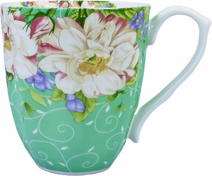 14oz Bone China Coffee Mugs for Women Floral Coffee Mug Tea Cups Novetly Coffee Cups Gift for Women Mom Friends (Green Magnolia)