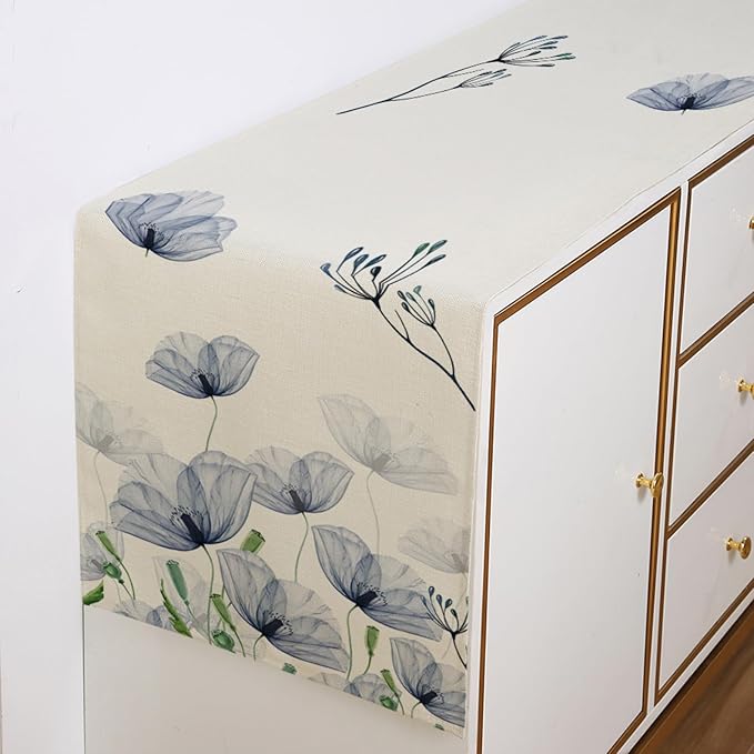 ZCHOMI Poppy Floral Leaves Table Runner 13x72 Inch Seasonal Spring Summer Blue Flower Kitchen Dinning Table Decoration for Home Party Decor