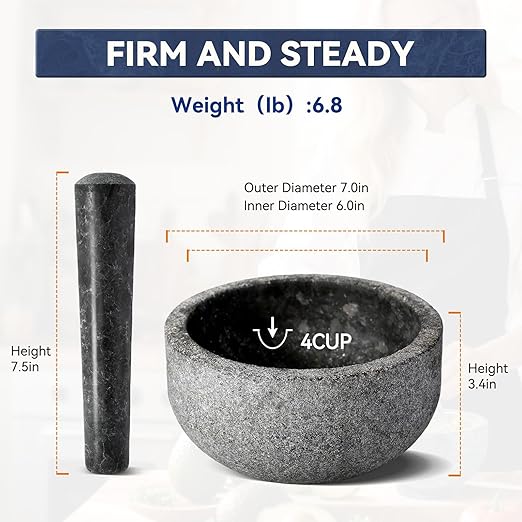 Koville Granite Mortar and Pestle Set, 7"-4 Cups Unpolished Stone Grinder Bowl for Guacamole, Salsa, Pill Crusher, Spice, Herb, Garlic, Nut, Heavy Duty Grinder for Kitchen(Angola Silver Black)