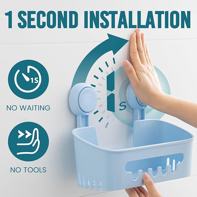 TAILI Shower Caddy Suction Cup, Heavy Duty Bathroom Organizer, Removable Shelves for Inside Shower, Shampoo, Waterproof Suction Plastic Storage for Bathroom Accessories Holder, Blue