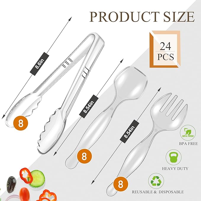 Mwellewm 24Pcs Plastic Serving Utensils 9'' Disposable Serving Spoons for Buffet Clear Forks Serving Tongs Heavy Duty Large Party Utensils Supplies for Restaurant Food Dinner Salad Noodles Soup