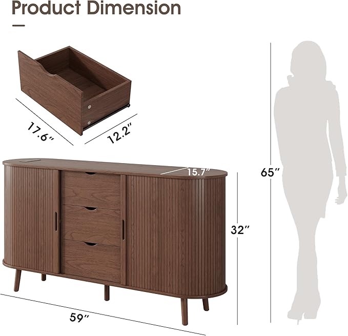 59" Sideboard Buffet Cabinet ,Storage Cabinet with with Charging Station & Drawers & Sliding Door & Adjustable Shelves, Modern Accent Coffee Bar Console Table for Kitchen Entryway, Living Room, Walnut