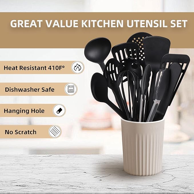 TJ POP Kitchen Utensils Set of 11 Pcs, Nylon Utensils Set, Non-Stick Cooking Utensils Set 410째F Heat Resistant, Kitchen Gadgets Accessories Tools for Cookware (BPA Free)