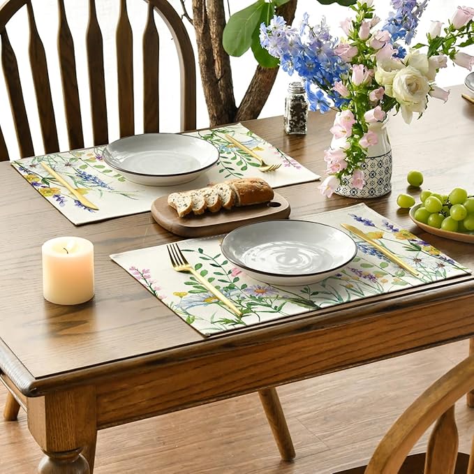 Artoid Mode Daisy Eucalyptus Lavender Floral Leaves Spring Placemats Set of 4,12x18 Inch Seasonal Table Mats for Party Kitchen Dining Decoration