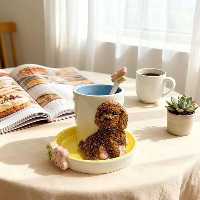 Ceramic Animal Coffee Mug Cup and Saucer Set竊?00ML(6.8OZ) 3D Hand-painted Tea Cup with Spoon (Reddish Brown)