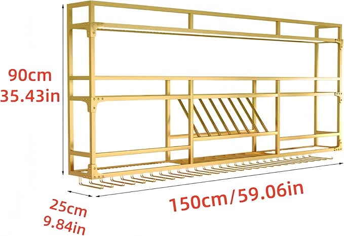59Inch Metal Wall-Mounted Wine Rack with LED Light, 3 Tier Wine Storage Display Rack with Glass Holder, Space-Saving Bottle and Cup Display Shelf for Home Bars, Dining Rooms, Gold