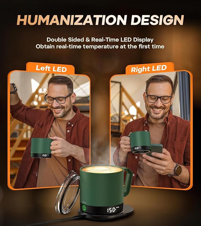Heated Coffee Mug Rechargeable - Temperature Control Self Heating Coffee Mug 14oz with Lid, Double Sided & Real-Time LED Display, Hot up to 150?? Birthday Gifts for Women and Men(Green)