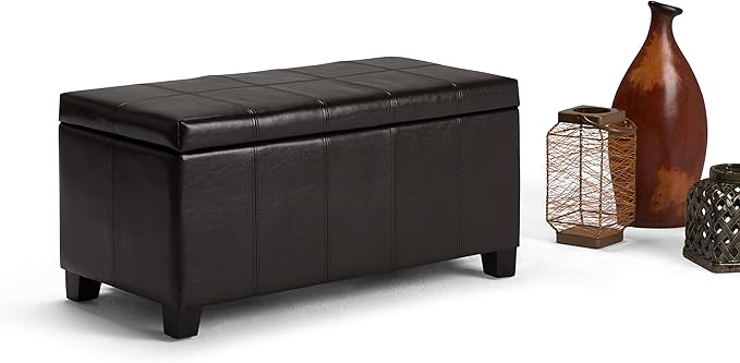 SIMPLIHOME Dover Storage Ottoman Bench - 36 inch Wide Upholstered Vegan Leather Rectangular Lift-Top Ottoman in Tanners Brown, Contemporary Bench for Living Room with Safety Hinges