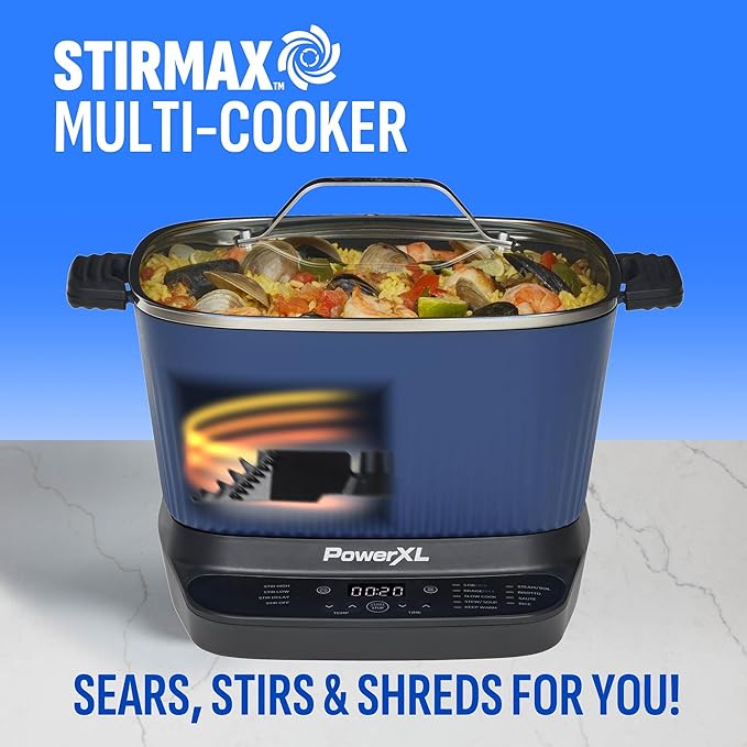 STIRMAX??Midnight Blue 7.5 Quart Digital Multi-Cooker with Automatic Paddle to Stir and Shred, 9 in 1 programmable presets to Saut챕, Sear, and Brown Food Before Simmering