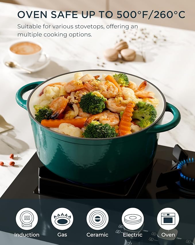 Enameled Cast Iron Dutch Oven - 4.5QT Pot with Lid & Cotton Potholders - Heavy-Duty Cookware for Braising, Stews, Roasting, Bread Baking, Oven Safe up to 500째F & Across All Stovetops, Bottle Green