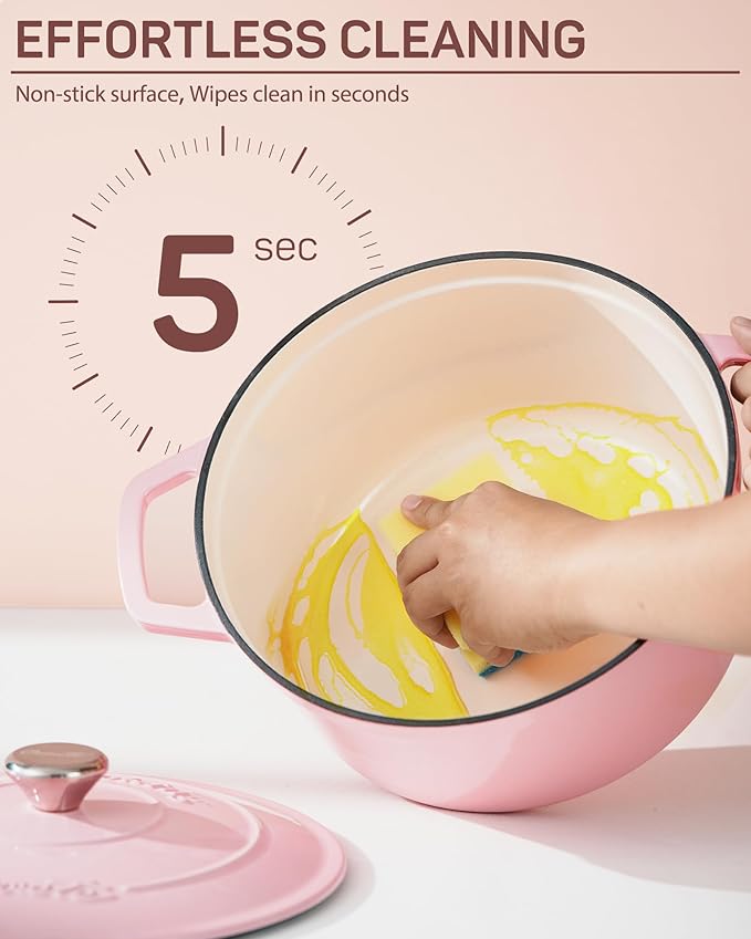 6 QT Dutch Oven Pot with Lid, Enameled Cast Iron Dutch Oven for Bread Making, Braiser, Cooking, Dual Handles, Oven Safe up to 500째 F or on Stovetop, Gifts for Family - Pink