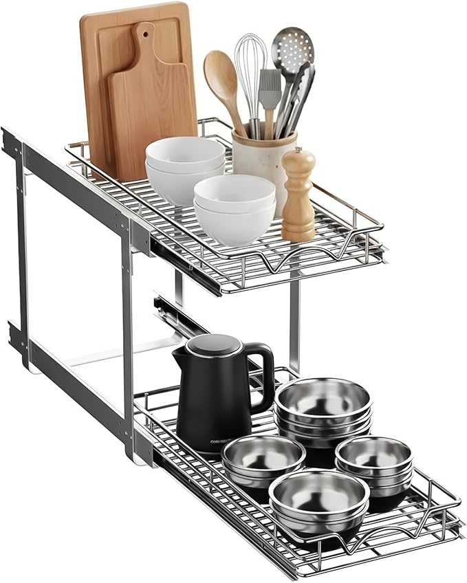 HOLDN??STORAGE Two Tier Pull Out Cabinet Organizer, Individual Sliding Drawers - Heavy Duty Metal with Lifetime Limited Warranty - Anti Rust Chrome Finish - 11" W x 21?쒭 x 16.5" H