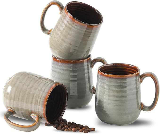 MEKY Coffee Mugs, 15oz Ceramic Coffee Cups with Comfortable Handle for Latte, Milk, Cappuccino, Cocoa, Tea Cups for Office and Home, Dishwasher and Microwave Safe, Set for 4, Brown