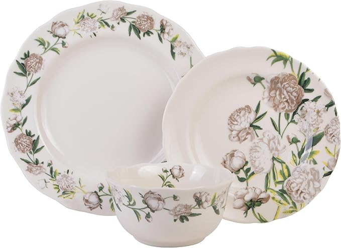 222 Fifth Luxe Peony Neutral Porcelain 12-Piece Dinnerware Set ??Service for 4, Includes Dinner Plates, Salad Plates & Cereal Bowls, Glossy Finish, Dishwasher Safe, for Daily Dining & Entertainment