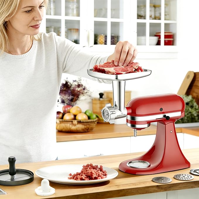 KAMJUNTAR Meat Grinder Attachment for Kitchenaid Stand Mixer, Kitchen Aide Grinder Attachment Kitchenaid Food Grinder Attachment, Sausage Stuffer, Burger Press, Not Dishwasher Safe, Total 16 Pcs