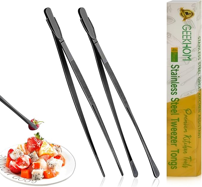 GEEKHOM 2 Pcs 12-Inch Barbecue Grill Tongs: Professional Stainless Steel Scissor Tongs with Serrated Tips for Flipping (Black)