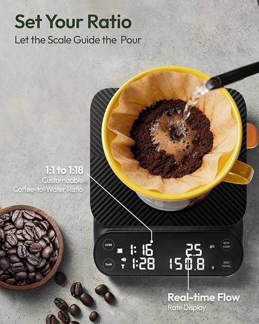 Maestri House S3 Coffee Scale with Timer, 3kg/0.1g Rechargeable Digital Scale, 3 Brew Modes, Adjustable Ratios & Flow Rate Display, Barista-Grade for Pour-Over, Espresso, French Press ??Black