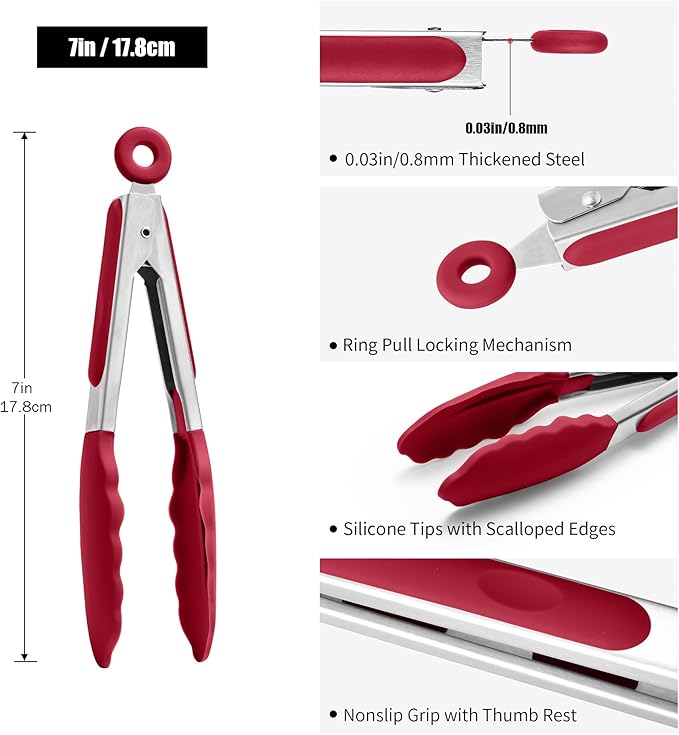 Doosu Kitchen Tongs for Cooking - 600째F Heat Resistant Food Tong with Non-Scratch Silicone Tips, Heavy Duty Stainless Steel Locking Tong for BBQ, Grilling Steak, Serving Salad, Pasta (7in, Red)