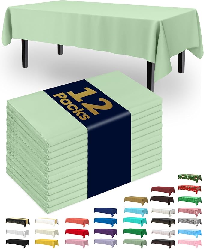 Pureegg Plastic Table Cloth Disposable 12 Pack, 54 x 108 Inch Table Cloths, Easter Party, Decorative Tablecloths, Rectangle, Light, Pastel Plastic Cover, Leakproof & Sturdy, Sage Green