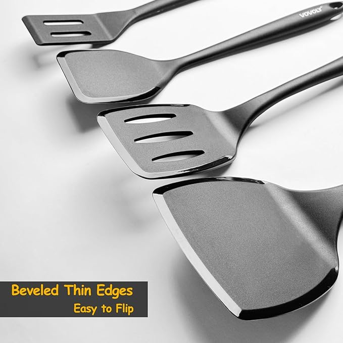 Silicone Spatula Set, 600째F Heat Resistant Silicone Spatula Turner Flipper for Cooking, Non Stick and Non Scratch Kitchen Utensils for Eggs & Pancakes, 4 Pack, Black