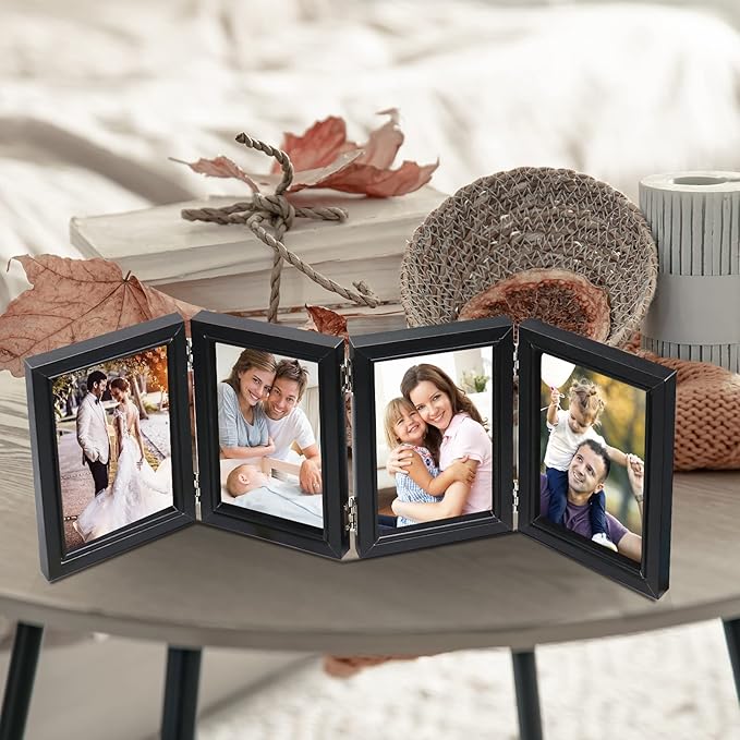 POILKMNI 4 Folding 4x6 Inch Hinged Picture Frame High Definition Natural Wood Picture Frame Rustic Desktop Acrylic Frame Family Photo Collage for Birthday Father's Day Christmas Family Lover Gift