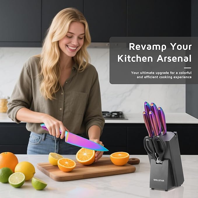 WELLSTAR Rainbow Knife Set 8 Pieces, Iridescent German Stainless Steel Kitchen Knives Set with Wooden Block, Colorful Titanium Coating, Chef?셲 Knife Block Set with Scissors and Built-in Sharpener